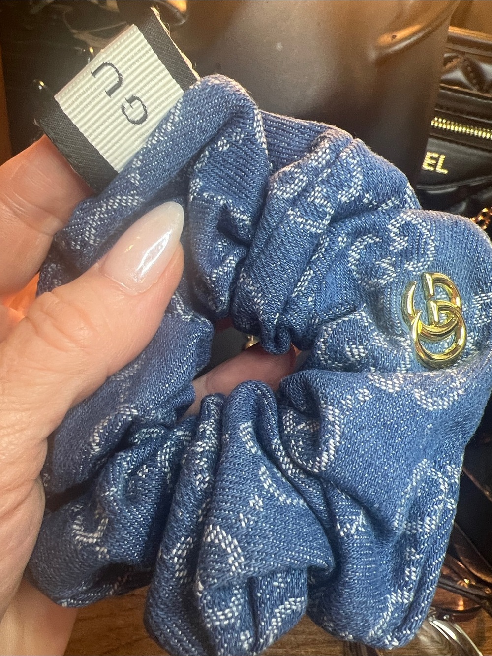 Blue Denim Logo Scrunchie with Gold Double-G Accent - Picture 3 of 4